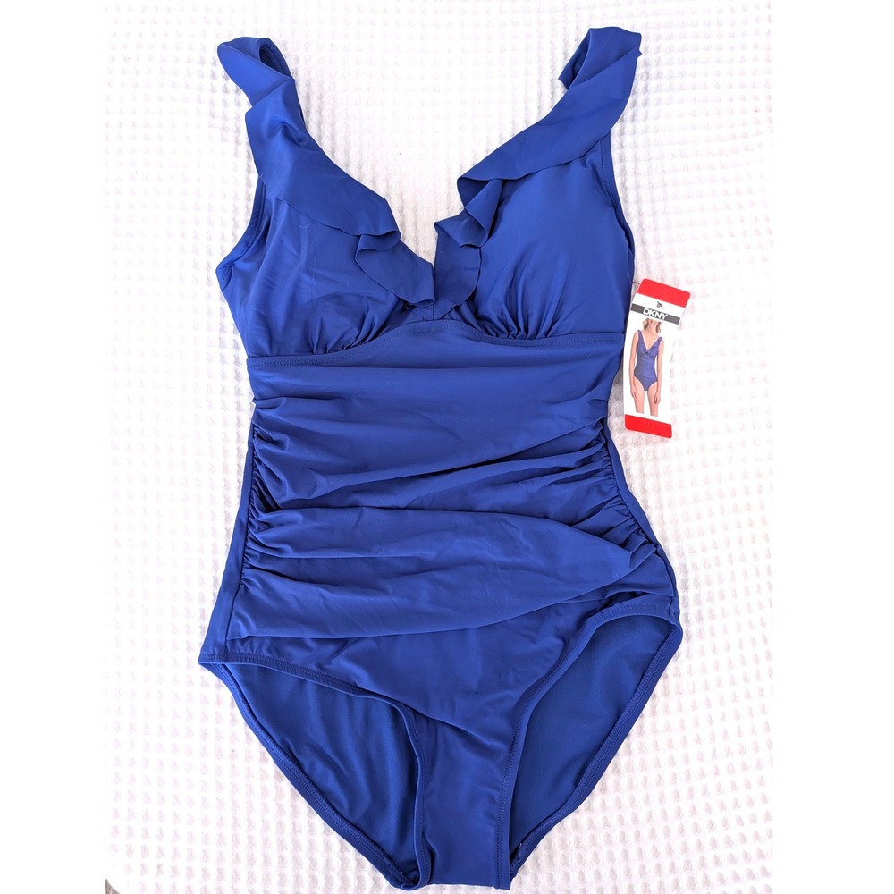 DKNY One Piece Swimsuit Medium Blue Ruffle Ruched Underwire NWT Adjustable